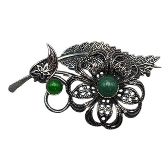 Green Cabochon Floral Vintage Filigree Spanish Brooch - Picture 3 of 9